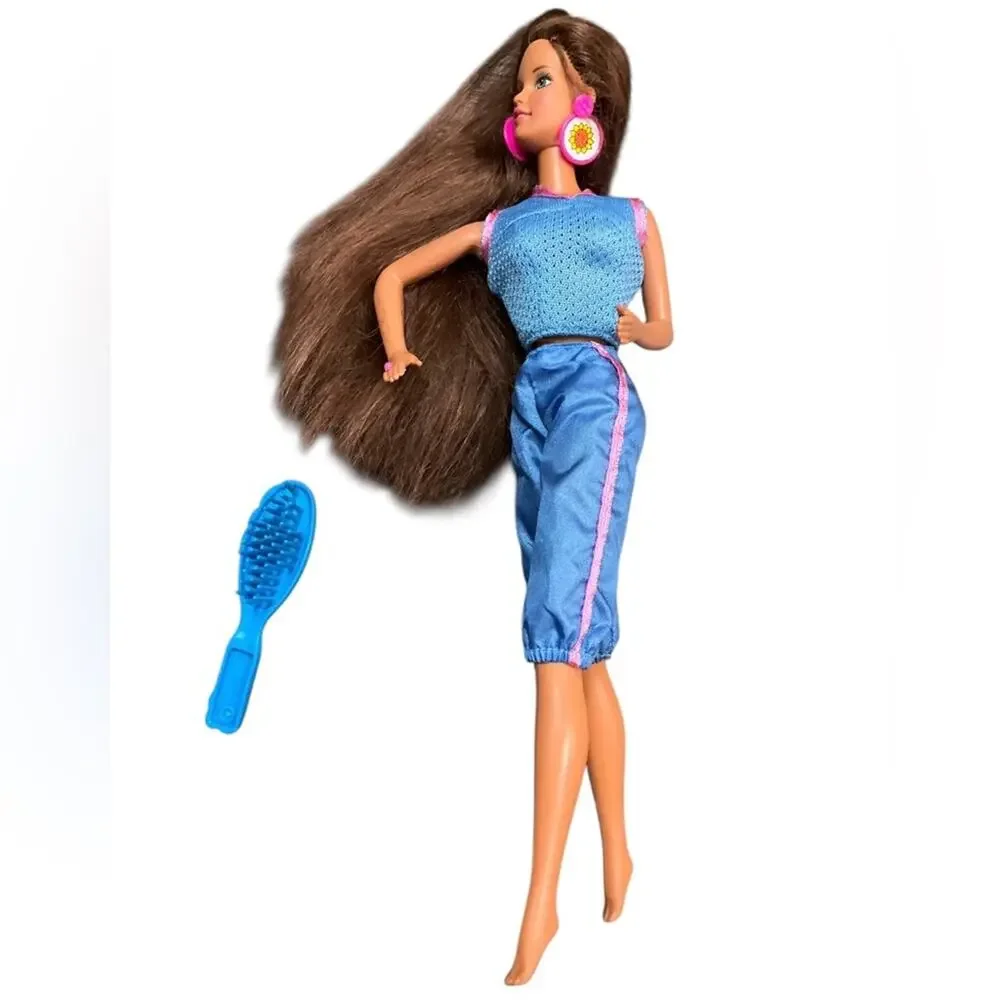 Barbie Doll with Blue and Pink Work out Outfit with Brush EUC